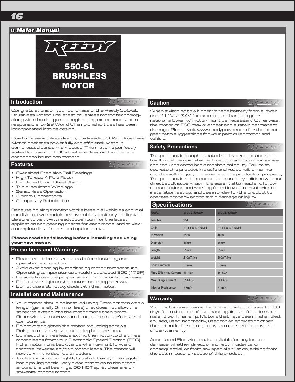 Sl brushless motor, Specifications, Motor manual | Team Associated ProLite 4x4 User Manual | Page 16 / 30
