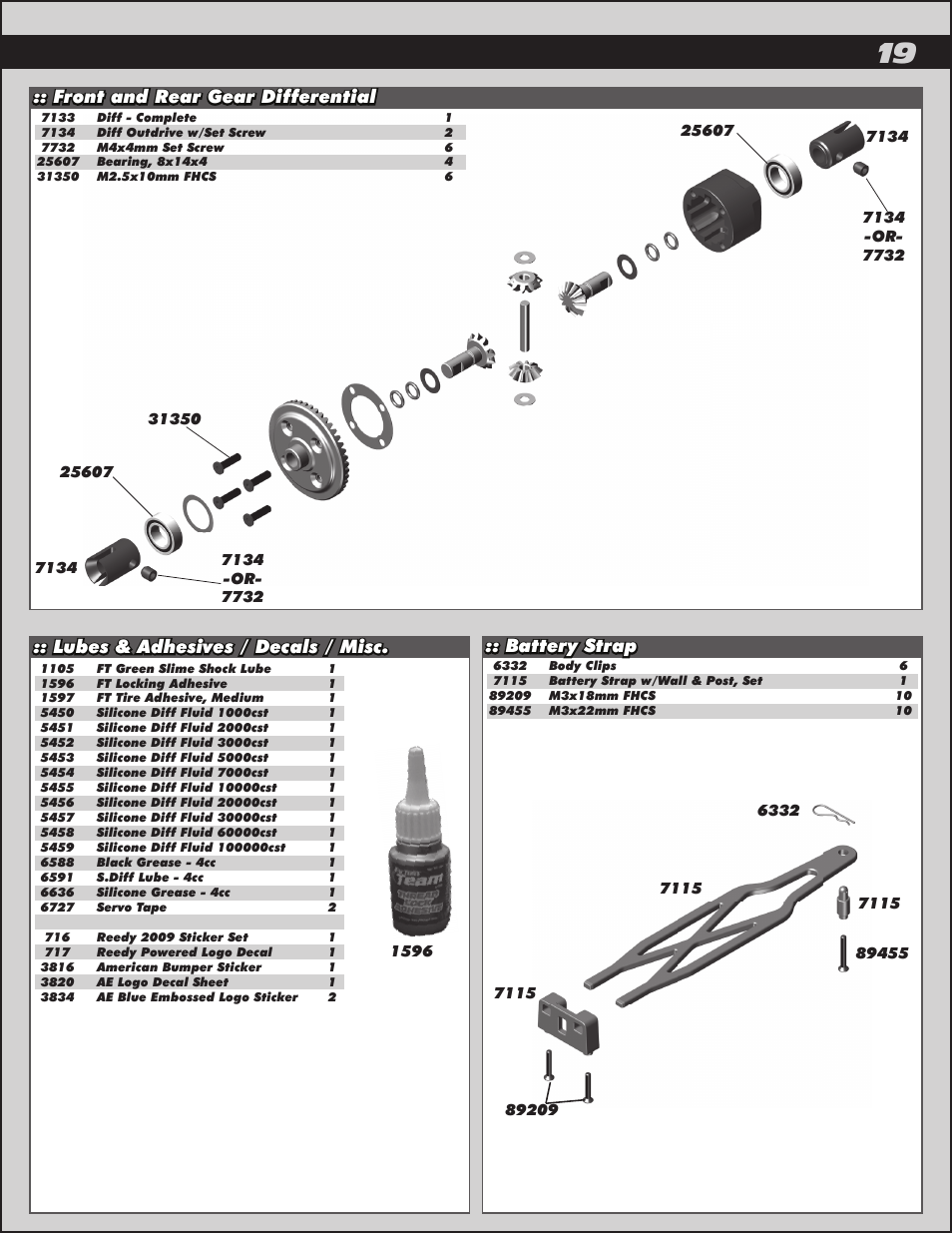 Battery strap :: front and rear gear differential, Lubes & adhesives / decals / misc | Team Associated ProLite 4x4 User Manual | Page 19 / 30