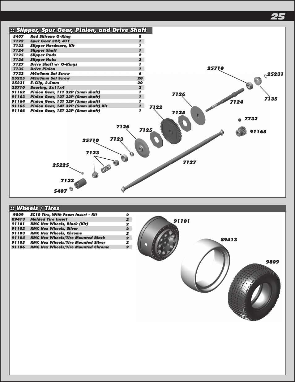 Wheels / tires, Slipper, spur gear, pinion, and drive shaft | Team Associated ProLite 4x4 User Manual | Page 25 / 30