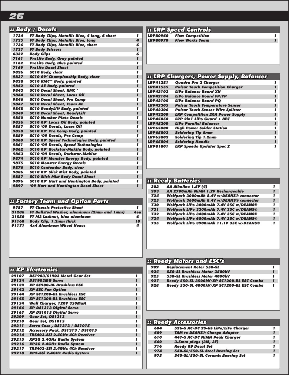 Xp electronics, Lrp chargers, power supply, balancer, Body / decals :: factory team and option parts | Lrp speed controls | Team Associated ProLite 4x4 User Manual | Page 26 / 30