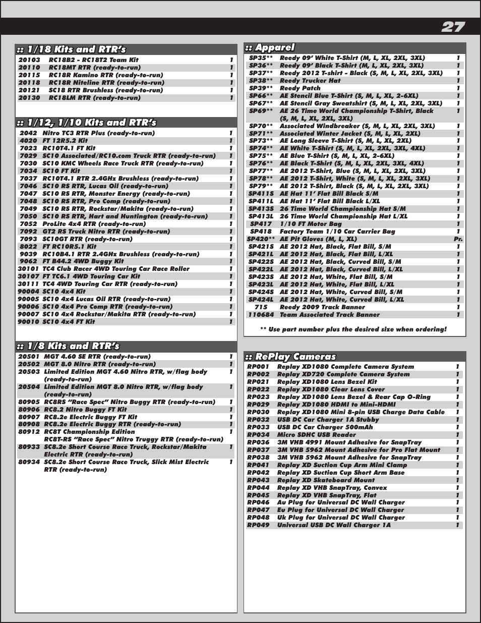 1/8 kits and rtr’s, Replay cameras | Team Associated ProLite 4x4 User Manual | Page 27 / 30