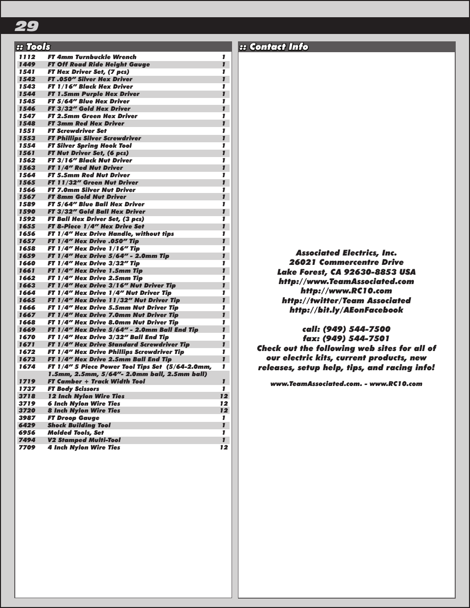 Contact info, Tools | Team Associated ProLite 4x4 User Manual | Page 29 / 30