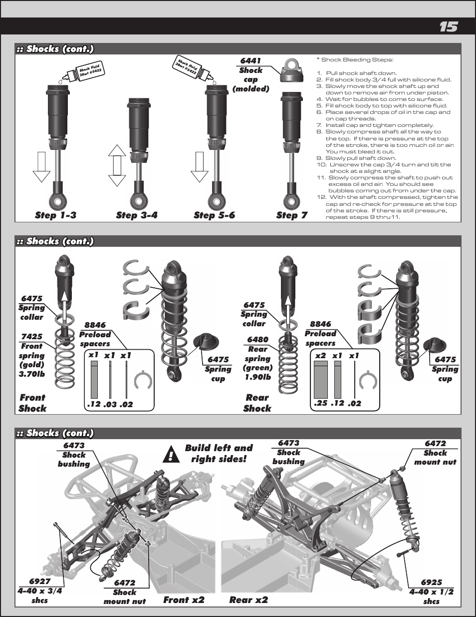 Shocks (cont.), Front shock rear shock front x2 rear x2, Build left and right sides | Team Associated SC10B User Manual | Page 15 / 42