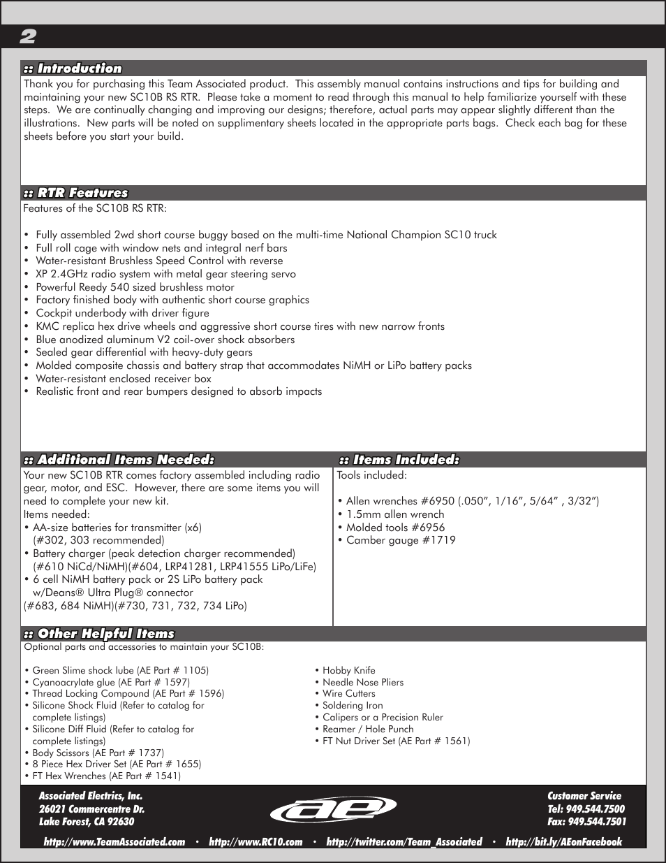 Team Associated SC10B User Manual | Page 2 / 42