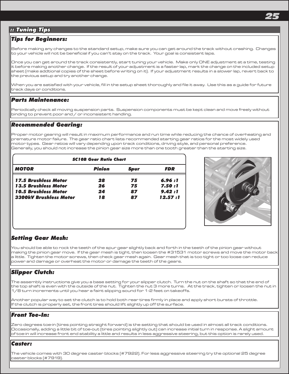 Tuning tips slipper clutch, Parts maintenance, Caster | Front toe-in, Tips for beginners, Setting gear mesh, Recommended gearing | Team Associated SC10B User Manual | Page 25 / 42