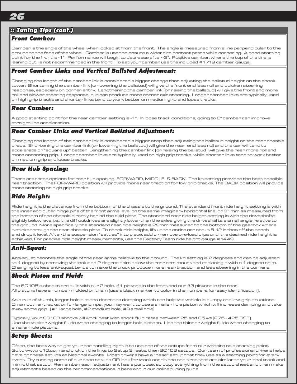 Tuning tips (cont.) shock piston and fluid, Rear hub spacing, Ride height | Anti-squat, Setup sheets, Rear camber, Rear camber links and vertical ballstud adjustment, Front camber | Team Associated SC10B User Manual | Page 26 / 42