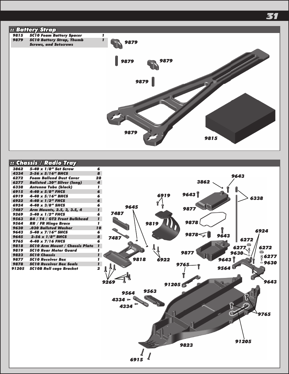 Battery strap, Chassis / radio tray | Team Associated SC10B User Manual | Page 31 / 42