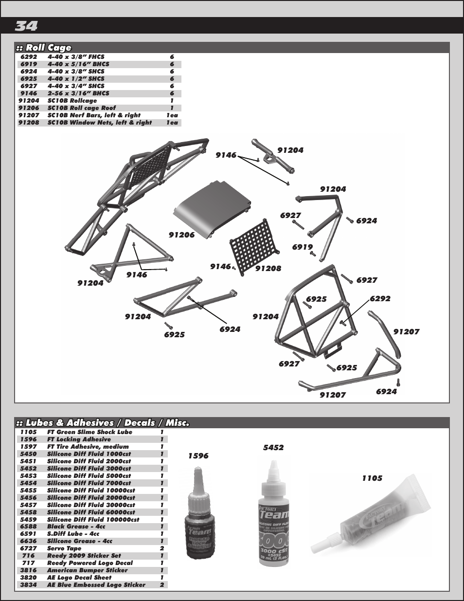 Roll cage, Lubes & adhesives / decals / misc | Team Associated SC10B User Manual | Page 34 / 42