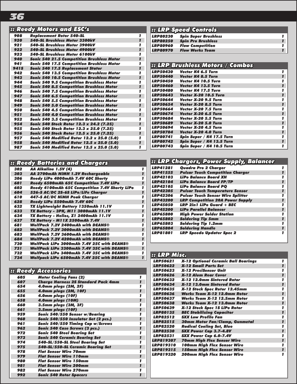 Lrp speed controls, Lrp chargers, power supply, balancer, Lrp brushless motors / combos | Lrp misc, Reedy batteries and chargers, Reedy accessories, Reedy motors and esc’s | Team Associated SC10B User Manual | Page 36 / 42