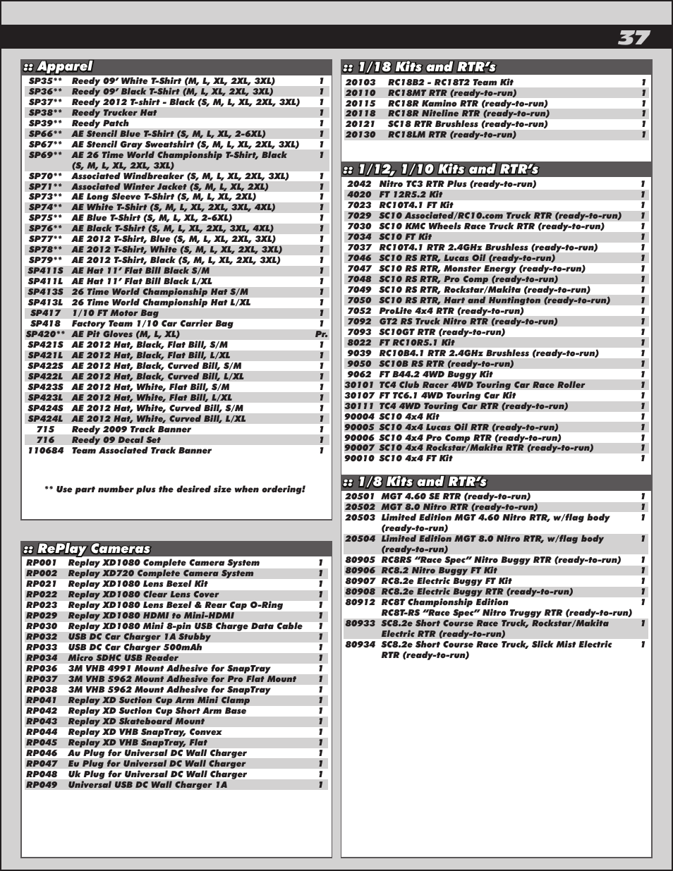 1/8 kits and rtr’s, Replay cameras | Team Associated SC10B User Manual | Page 37 / 42