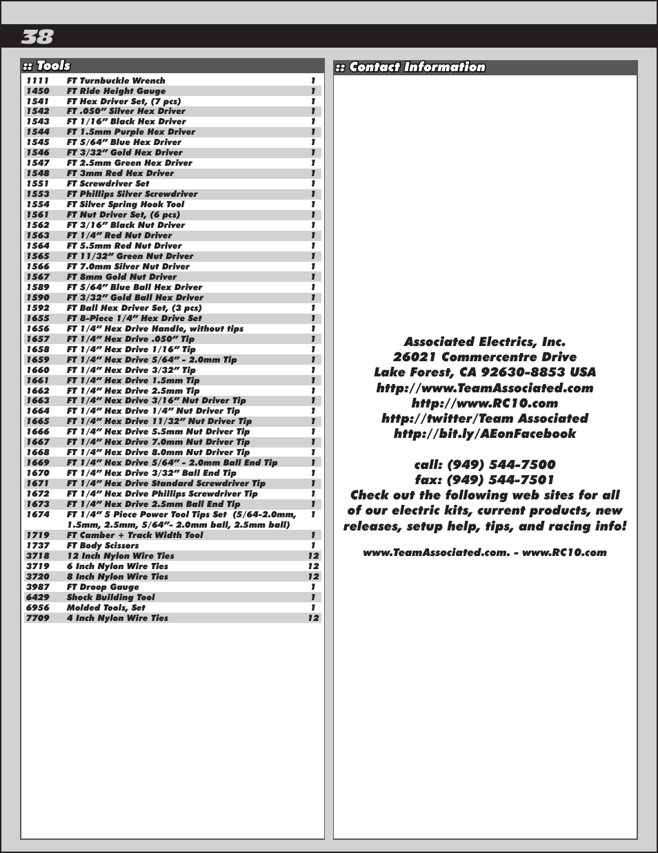 Contact information :: tools | Team Associated SC10B User Manual | Page 38 / 42