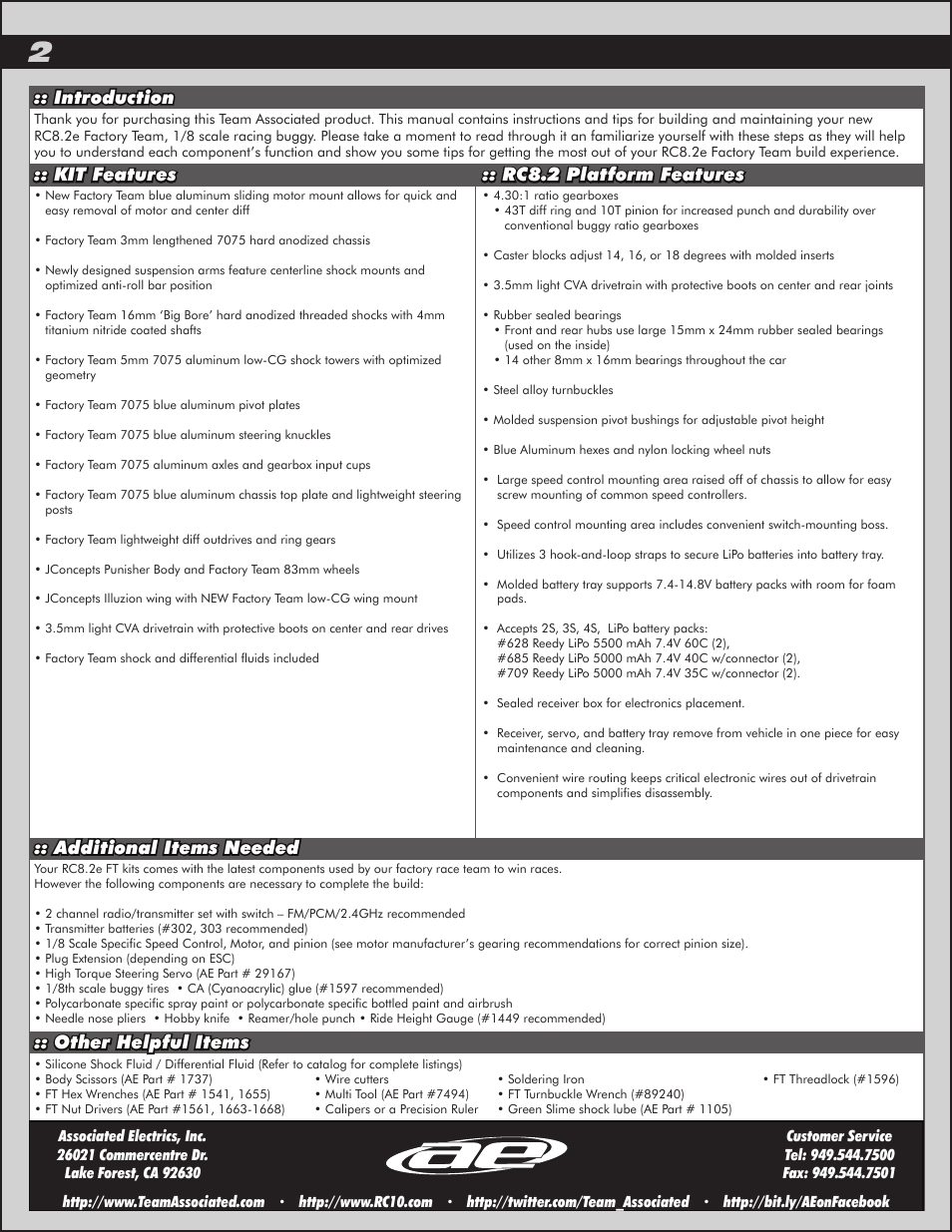 Additional items needed | Team Associated RC8.2e User Manual | Page 2 / 50