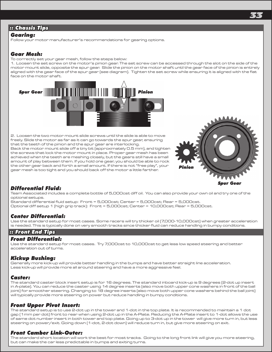 Chassis tips :: front end tips gearing, Gear mesh, Differential fluid | Center differential, Front differential, Kickup bushing, Caster, Front upper pivot insert, Front camber link-outer | Team Associated RC8.2e User Manual | Page 33 / 50