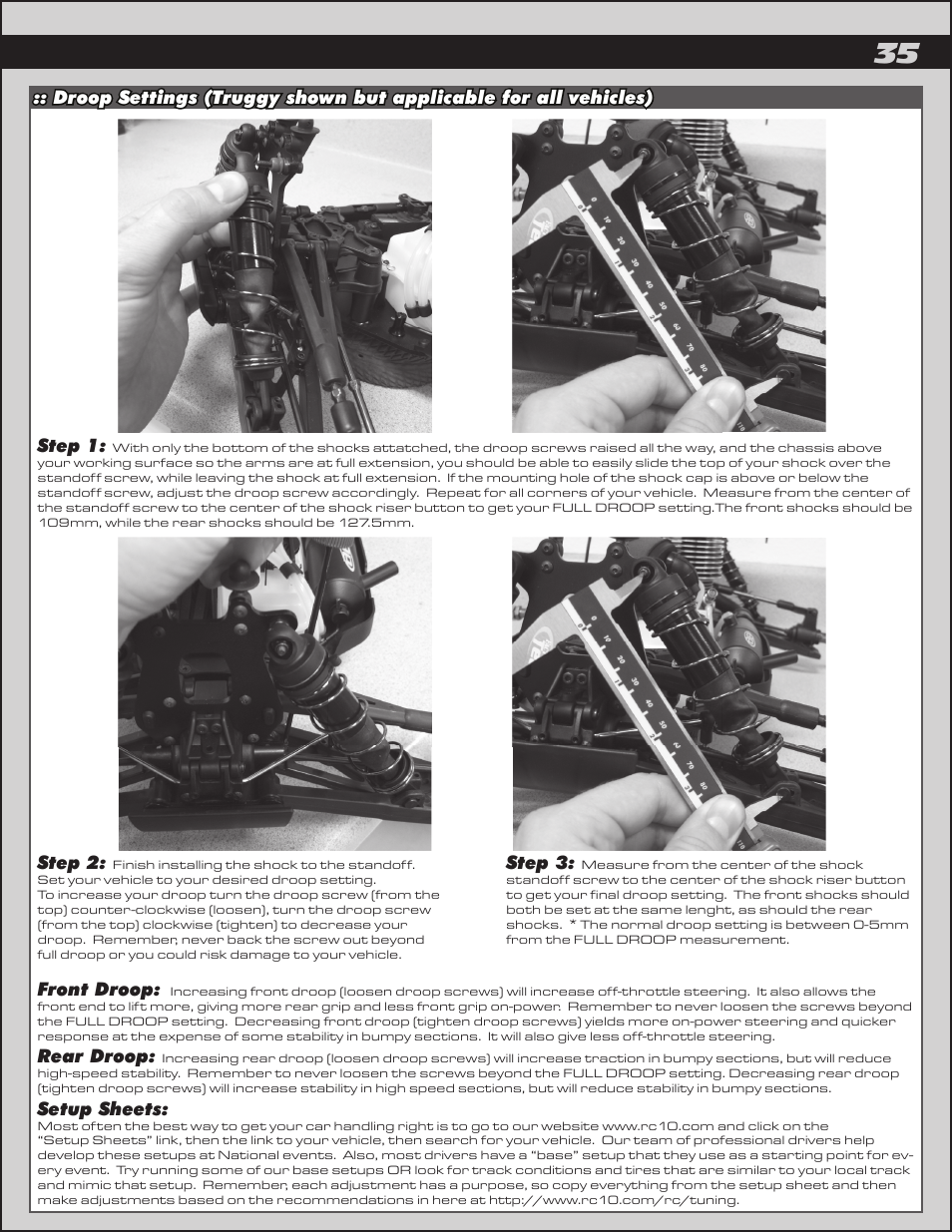 Step 2, Step 3, Front droop | Rear droop, Setup sheets | Team Associated RC8.2e User Manual | Page 35 / 50