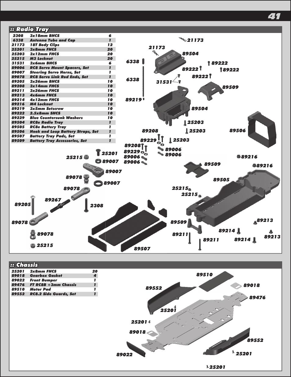 Radio tray, Chassis | Team Associated RC8.2e User Manual | Page 41 / 50