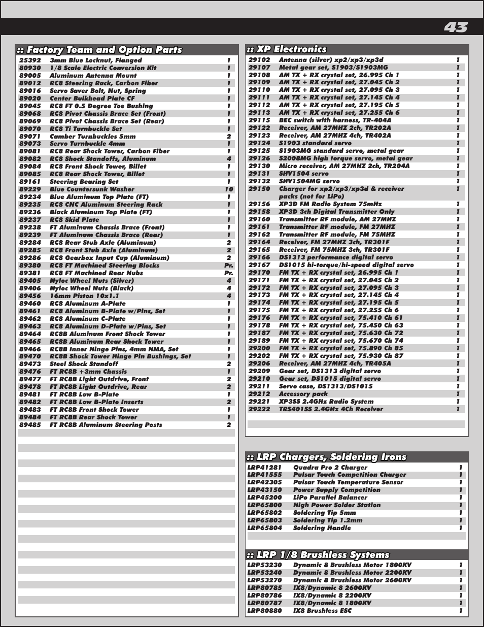 Factory team and option parts, Xp electronics, Lrp chargers, soldering irons | Lrp 1/8 brushless systems | Team Associated RC8.2e User Manual | Page 43 / 50