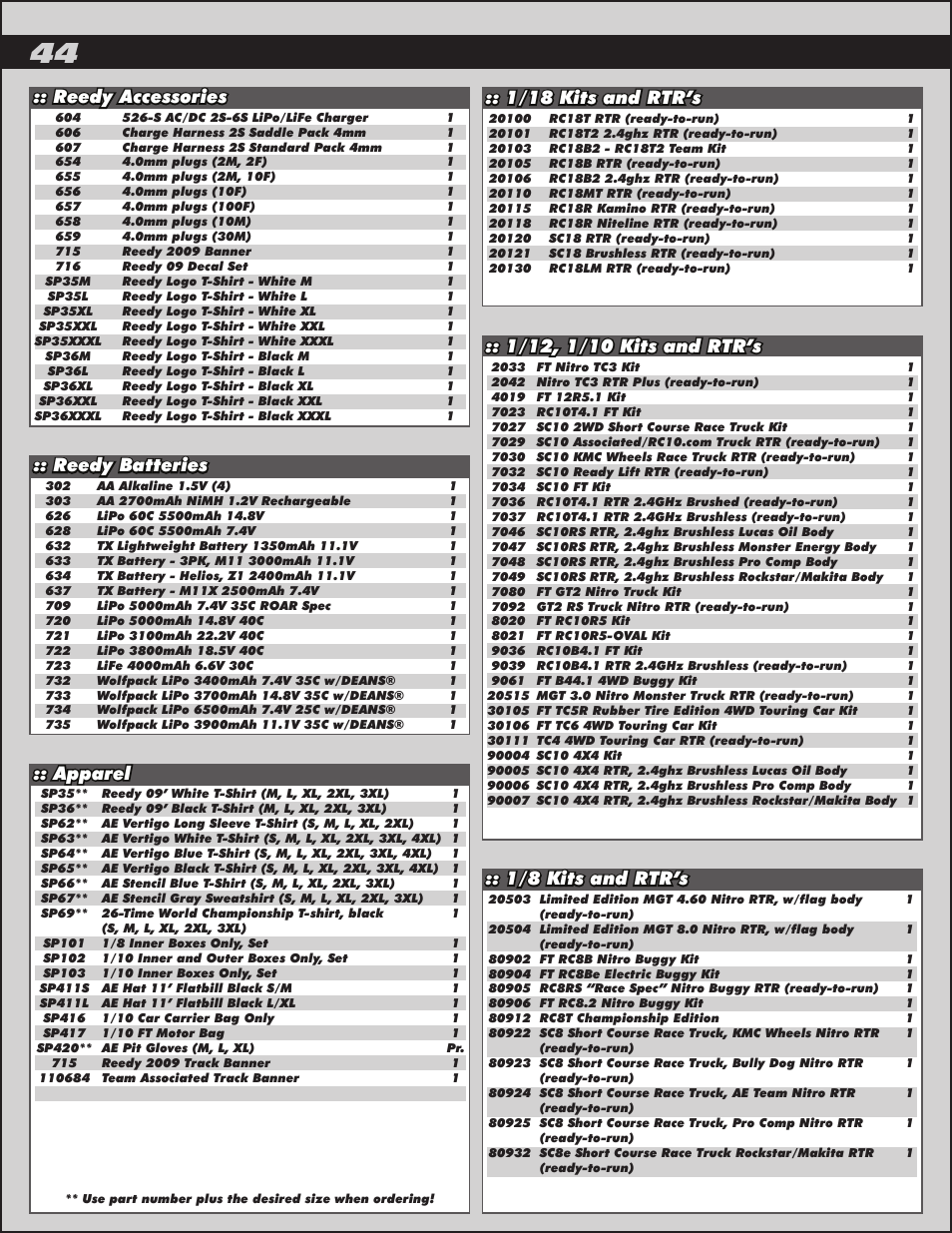 1/18 kits and rtr’s, 1/8 kits and rtr’s, Apparel | Reedy batteries :: reedy accessories | Team Associated RC8.2e User Manual | Page 44 / 50