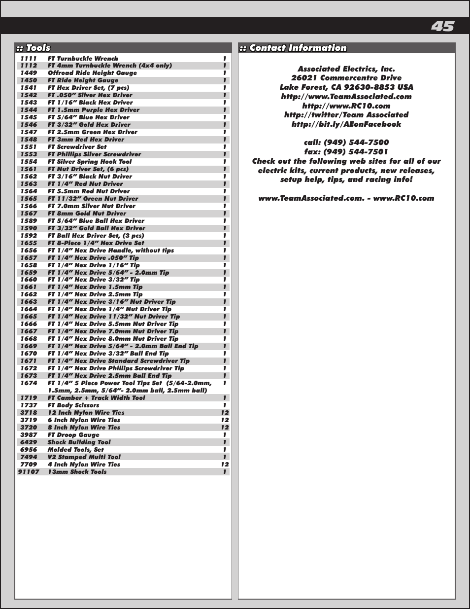 Tools :: contact information | Team Associated RC8.2e User Manual | Page 45 / 50