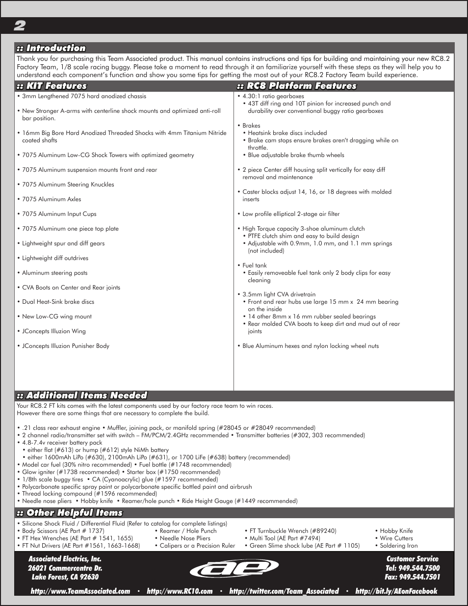 Additional items needed | Team Associated RC8.2 User Manual | Page 2 / 54