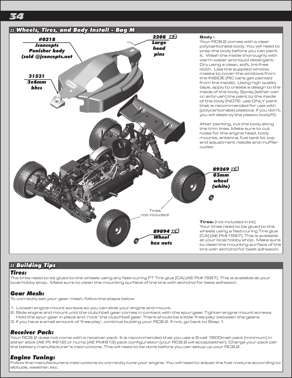 Gear mesh, Receiver pack, Engine tuning | Team Associated RC8.2 User Manual | Page 34 / 54