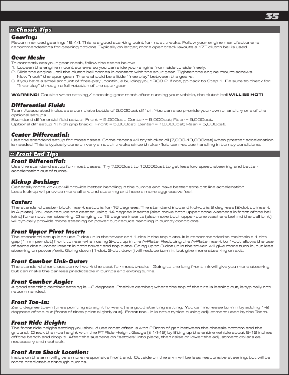 Chassis tips :: front end tips gearing, Gear mesh, Differential fluid | Center differential, Front differential, Kickup bushing, Caster, Front upper pivot insert, Front camber link-outer, Front camber angle | Team Associated RC8.2 User Manual | Page 35 / 54