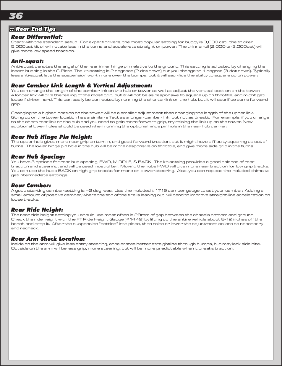 Rear end tips rear differential, Anti-squat, Rear camber link length & vertical adjustment | Rear hub hinge pin height, Rear hub spacing, Rear camber, Rear ride height, Rear arm shock location | Team Associated RC8.2 User Manual | Page 36 / 54