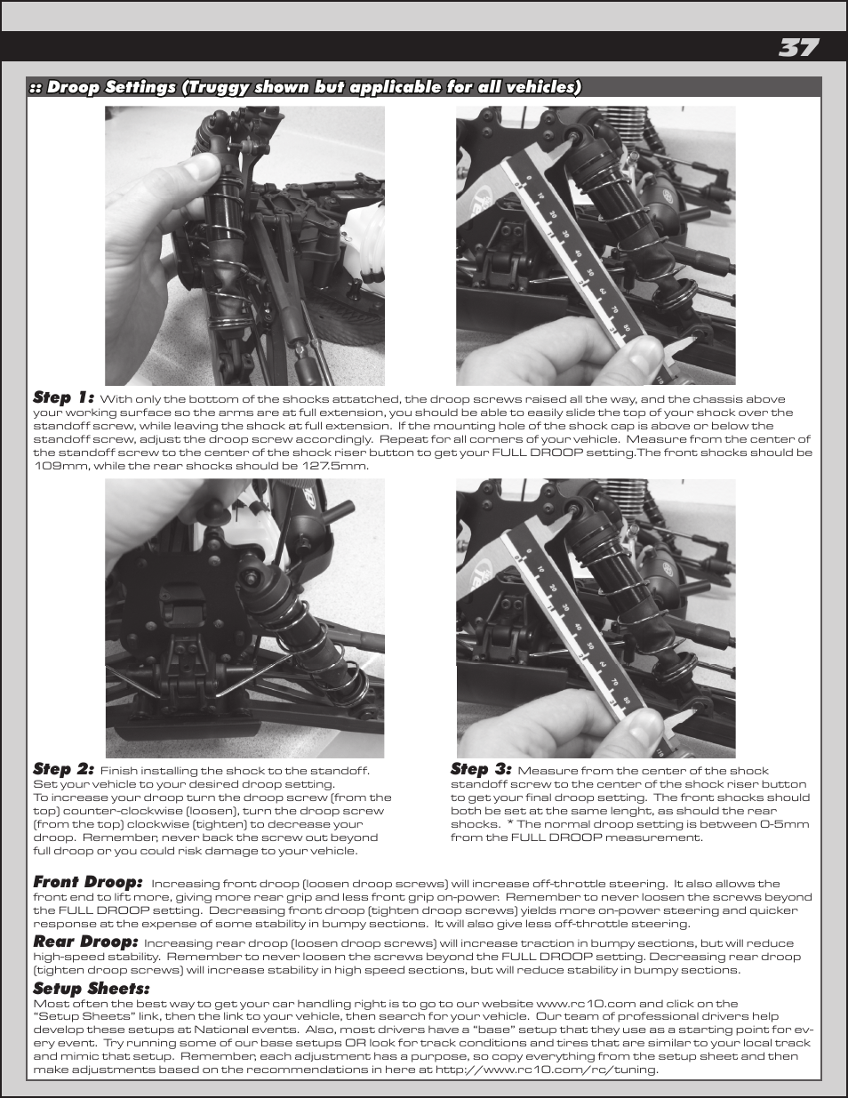 Step 2, Step 3, Front droop | Rear droop, Setup sheets | Team Associated RC8.2 User Manual | Page 37 / 54
