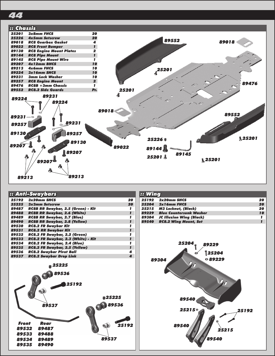 Chassis, Wing, Anti-swaybars | Team Associated RC8.2 User Manual | Page 44 / 54