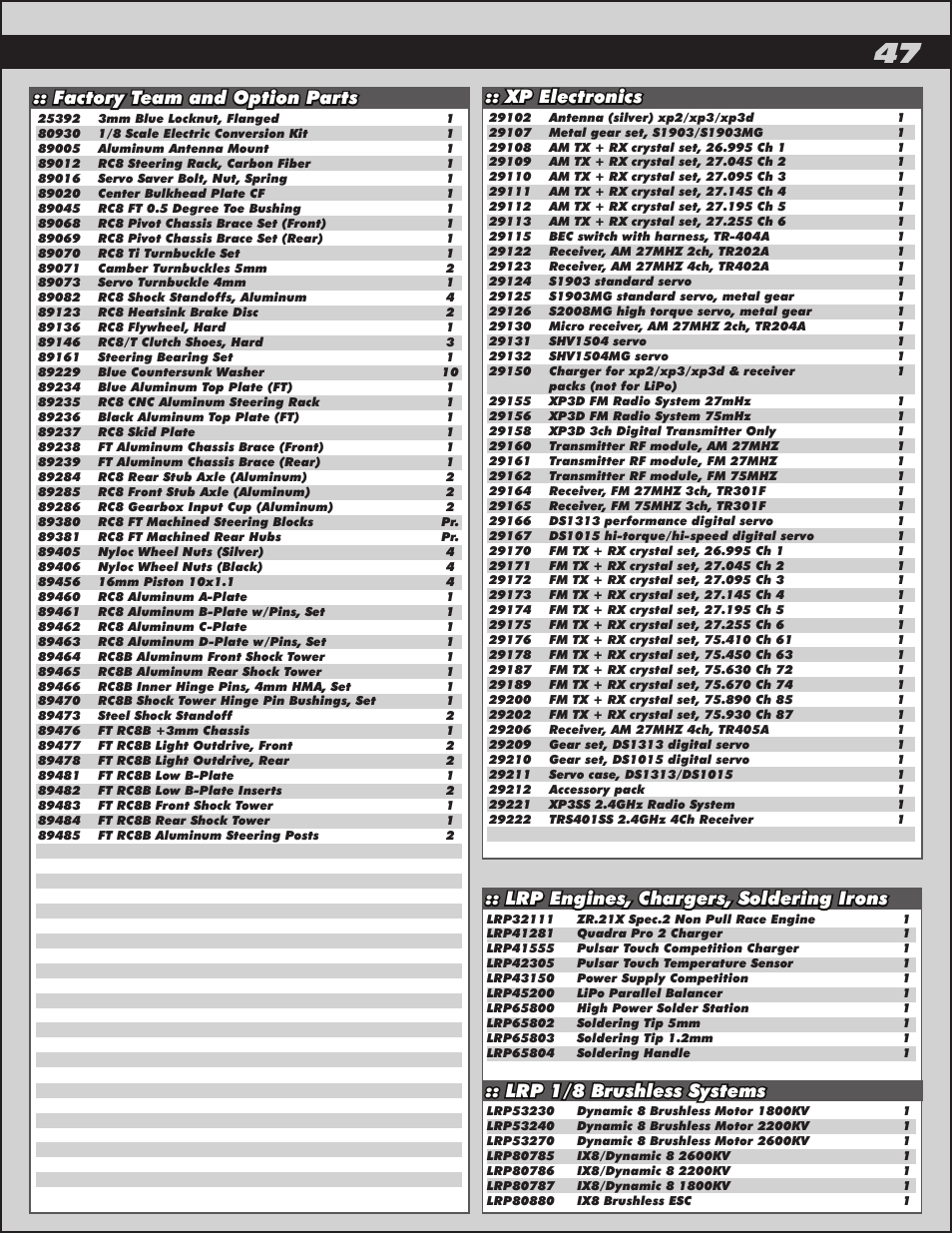 Factory team and option parts, Xp electronics, Lrp engines, chargers, soldering irons | Lrp 1/8 brushless systems | Team Associated RC8.2 User Manual | Page 47 / 54