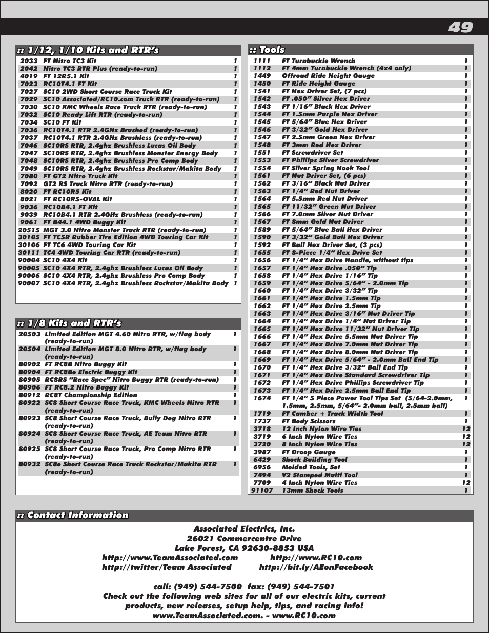 1/8 kits and rtr’s, Tools, Contact information | Team Associated RC8.2 User Manual | Page 49 / 54