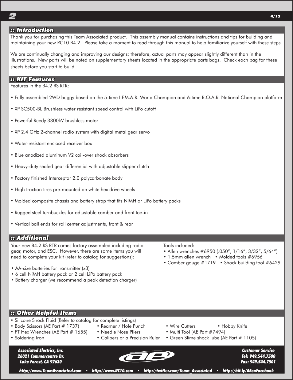 Team Associated RC10B4.2 User Manual | Page 2 / 34