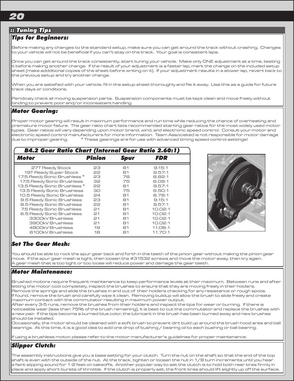 Tuning tips tips for beginners, Motor maintenance, Slipper clutch | Motor gearing, Set the gear mesh | Team Associated RC10B4.2 User Manual | Page 20 / 34