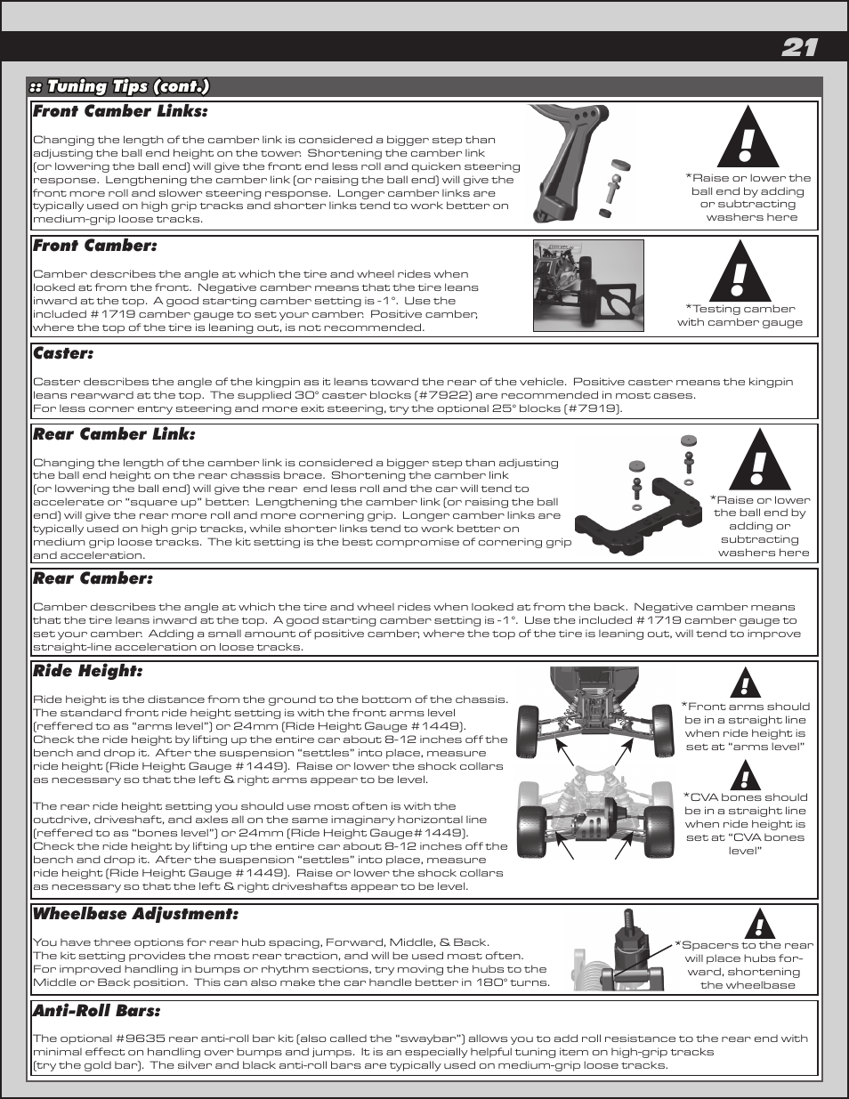 Tuning tips (cont.) front camber links, Caster, Rear camber link | Wheelbase adjustment, Rear camber, Anti-roll bars, Ride height, Front camber | Team Associated RC10B4.2 User Manual | Page 21 / 34