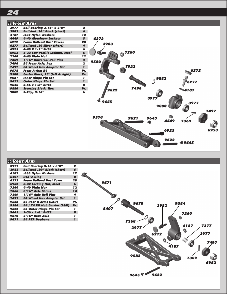 Front arm :: rear arm | Team Associated RC10B4.2 User Manual | Page 24 / 34