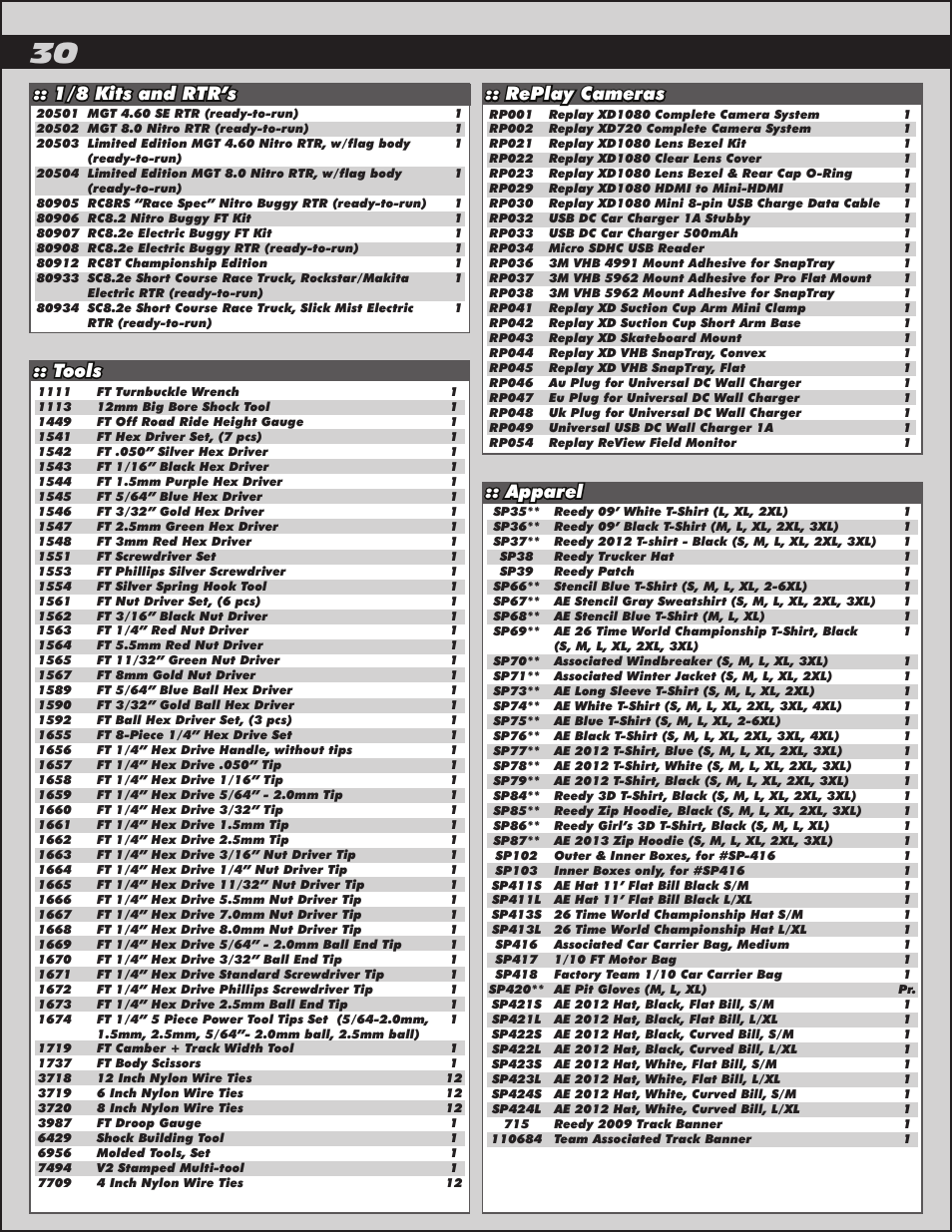 1/8 kits and rtr’s, Replay cameras, Tools | Team Associated RC10B4.2 User Manual | Page 30 / 34