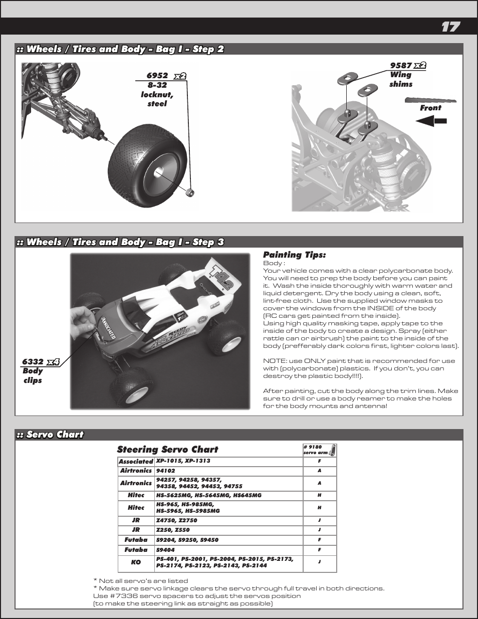 Steering servo chart, Painting tips | Team Associated RC10T4.2 User Manual | Page 17 / 34