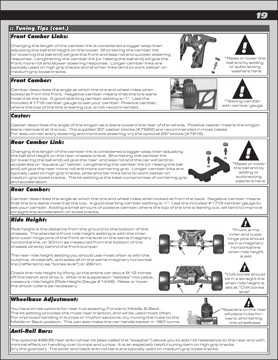 Tuning tips (cont.) front camber links, Caster, Rear camber link | Wheelbase adjustment, Rear camber, Anti-roll bars, Ride height, Front camber | Team Associated RC10T4.2 User Manual | Page 19 / 34