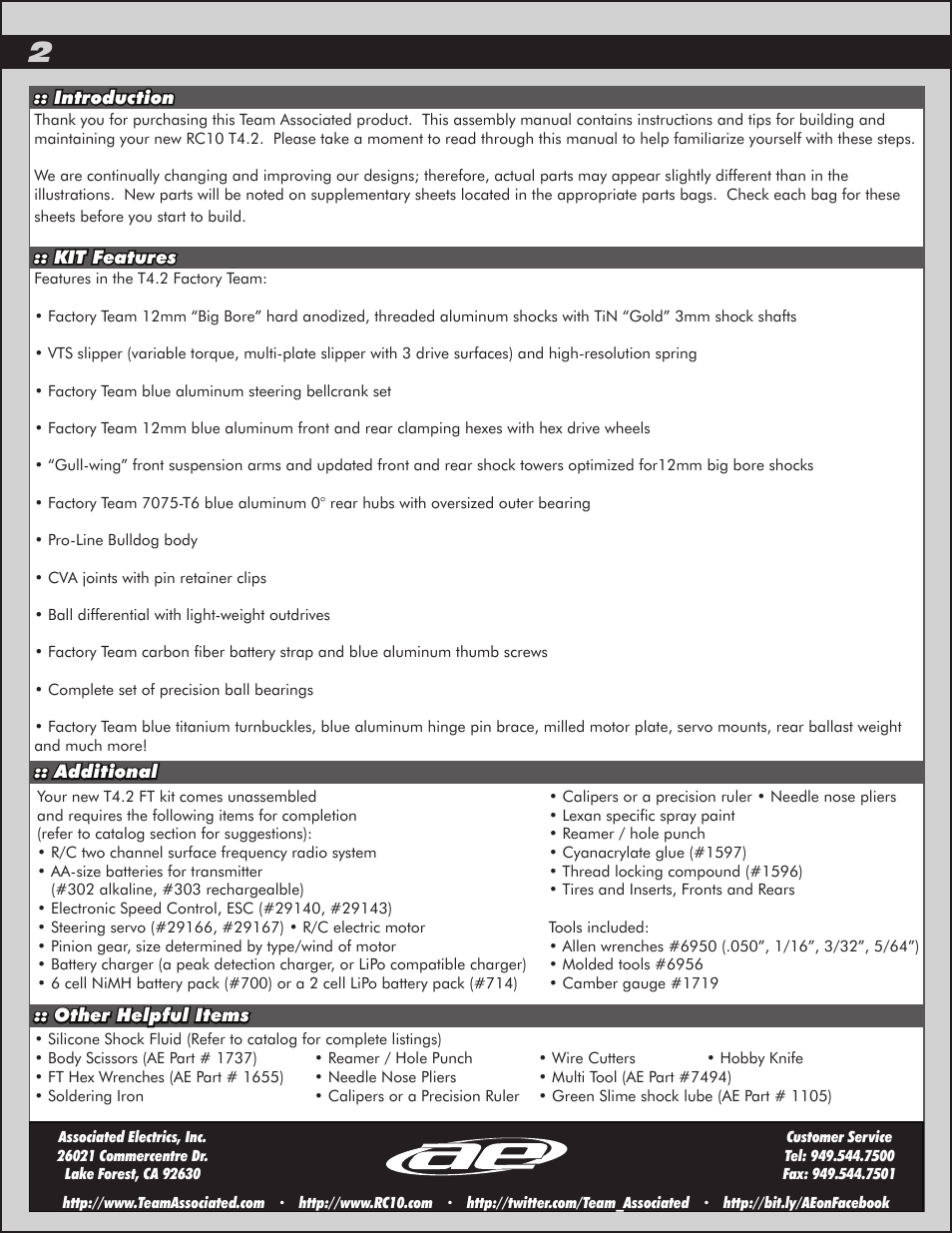 Team Associated RC10T4.2 User Manual | Page 2 / 34