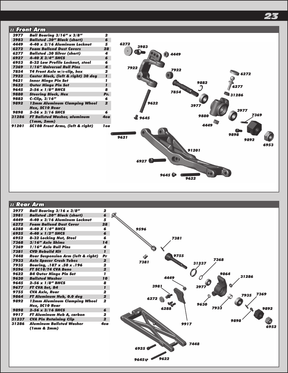 Steering block, hex :: front arm :: rear arm | Team Associated RC10T4.2 User Manual | Page 23 / 34