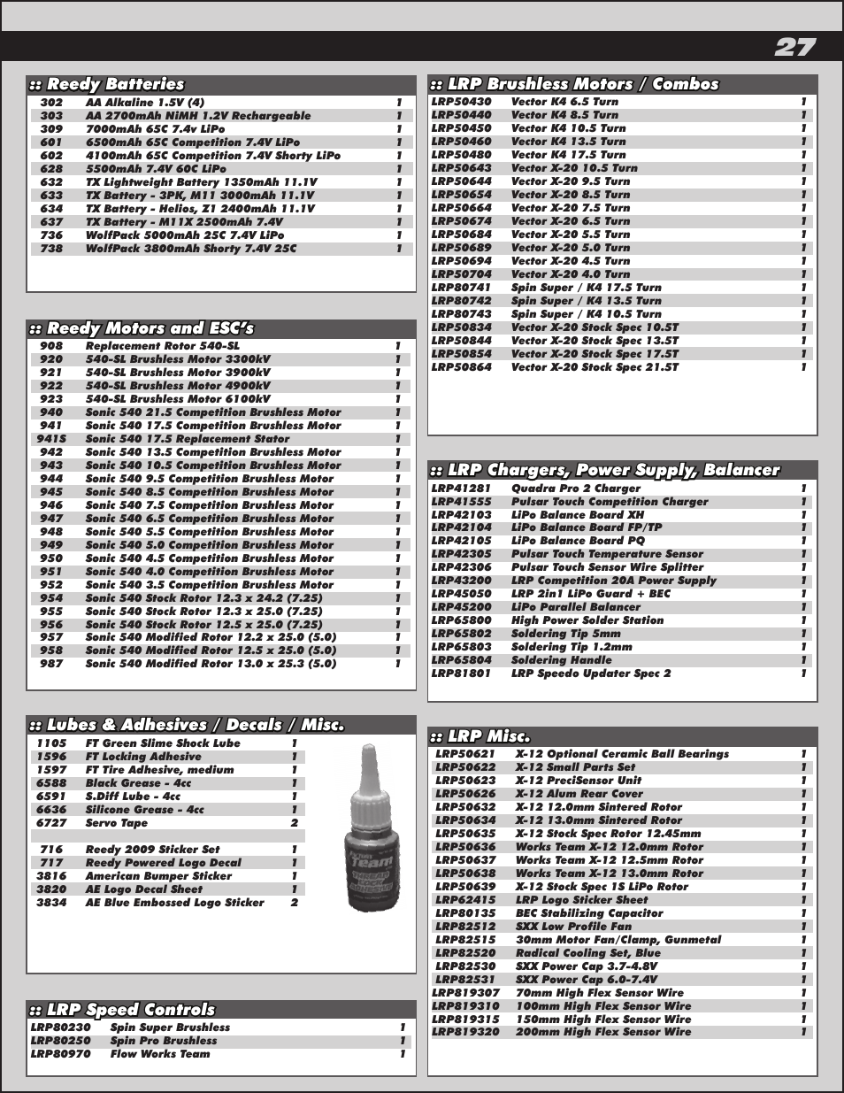 Reedy motors and esc’s :: reedy batteries, Lrp speed controls, Lrp chargers, power supply, balancer | Lrp brushless motors / combos, Lrp misc, Lubes & adhesives / decals / misc | Team Associated RC10T4.2 User Manual | Page 27 / 34