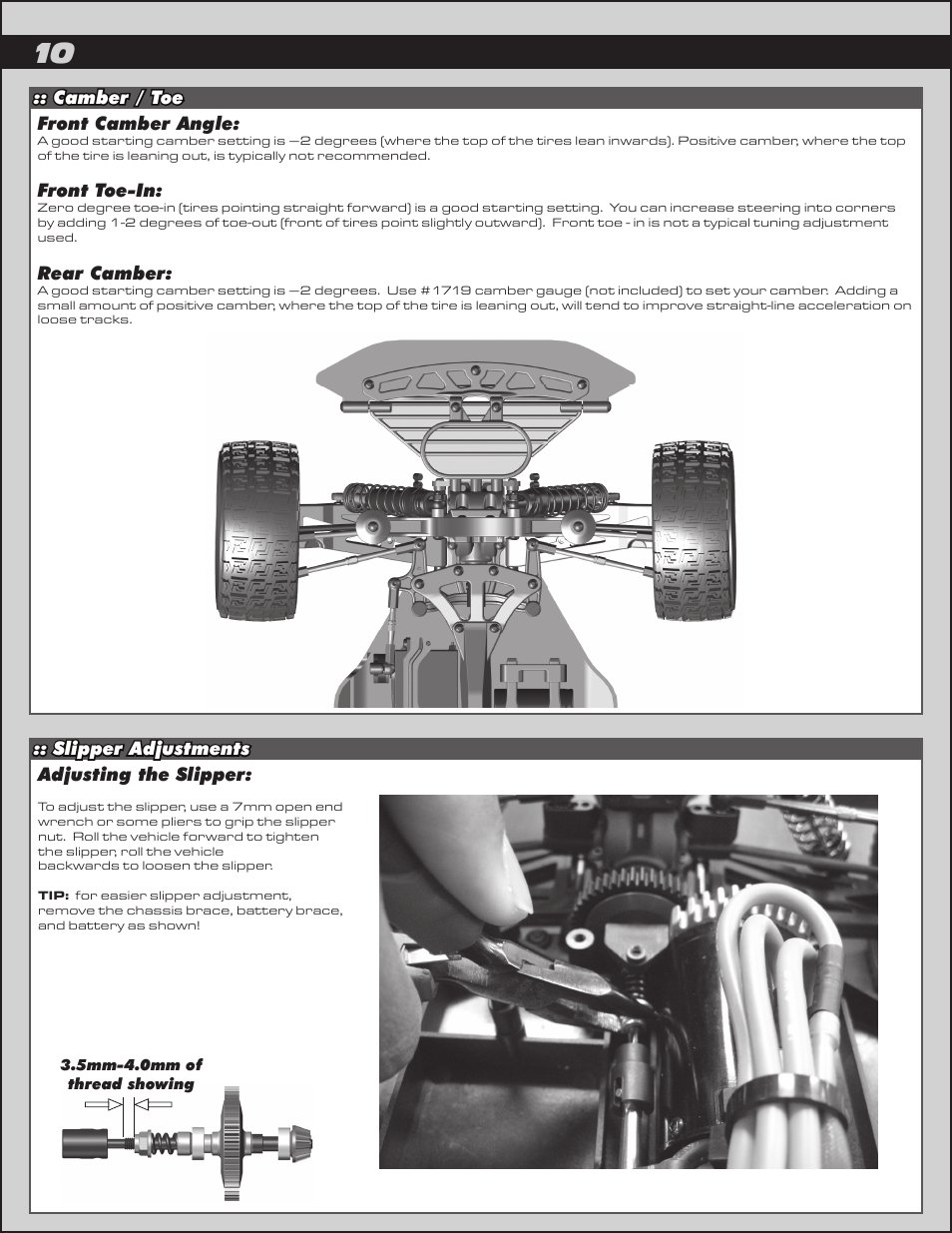 Front toe-in, Rear camber, Adjusting the slipper | Team Associated ProRally User Manual | Page 10 / 30