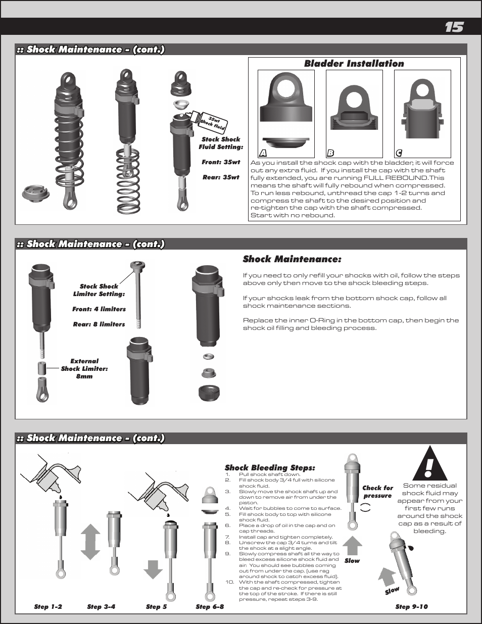 Shock maintenance - (cont.), Shock maintenance - (cont.) shock maintenance, Bladder installation | Team Associated ProRally User Manual | Page 15 / 30