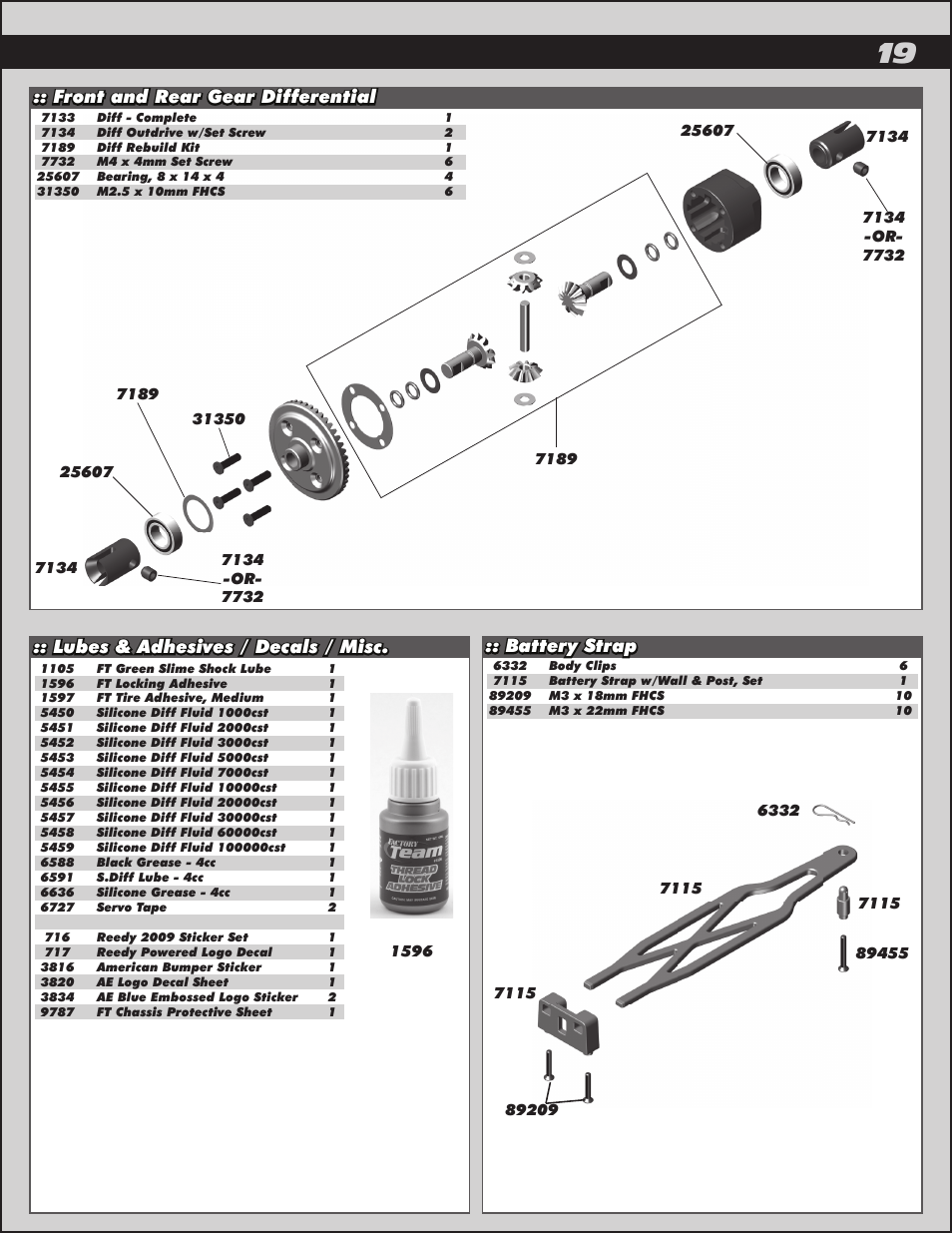 Battery strap :: front and rear gear differential, Lubes & adhesives / decals / misc | Team Associated ProRally User Manual | Page 19 / 30
