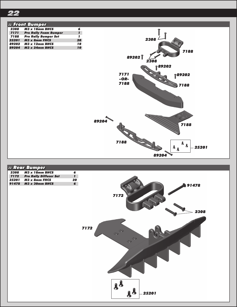Rear bumper, Front bumper | Team Associated ProRally User Manual | Page 22 / 30