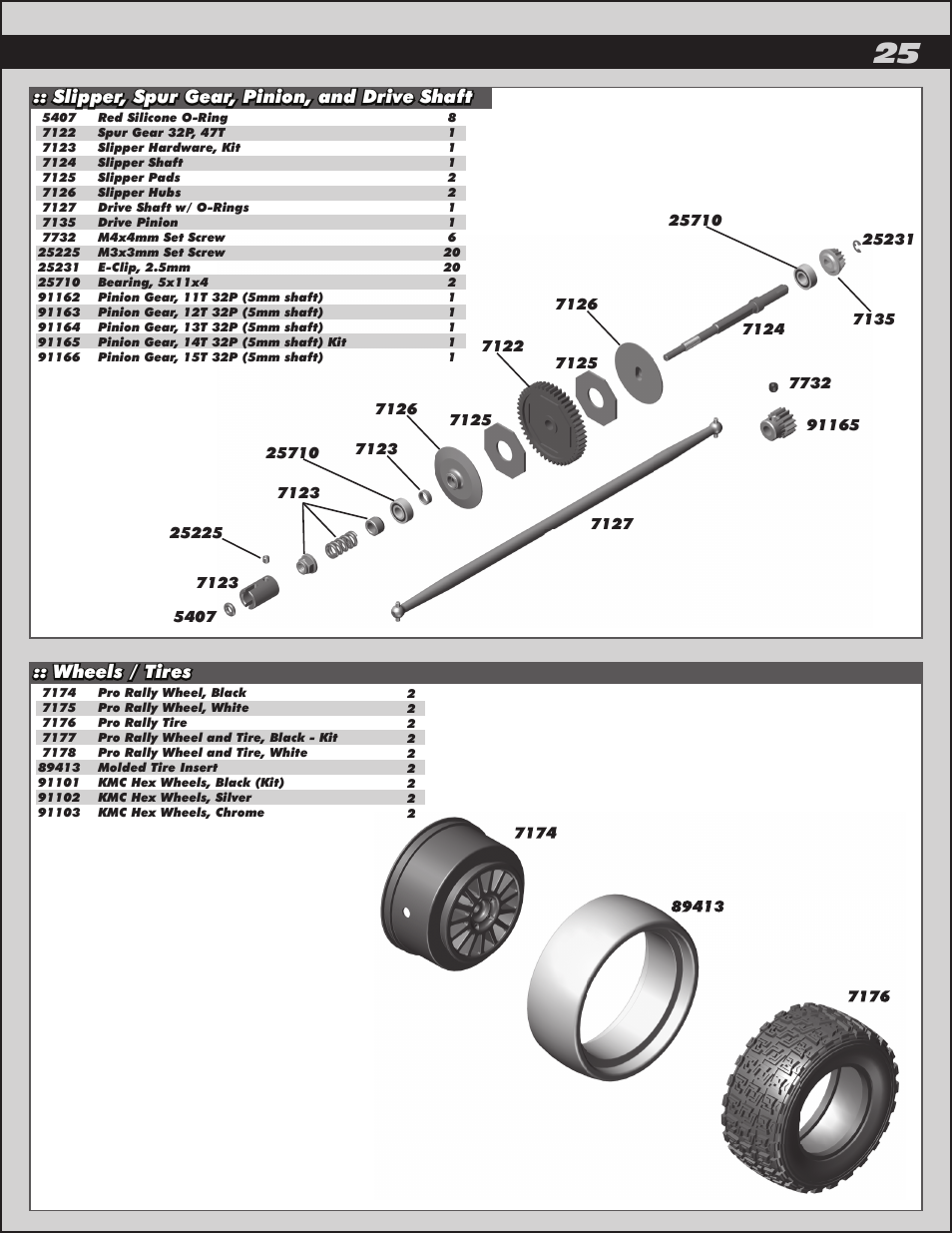 Wheels / tires, Slipper, spur gear, pinion, and drive shaft | Team Associated ProRally User Manual | Page 25 / 30