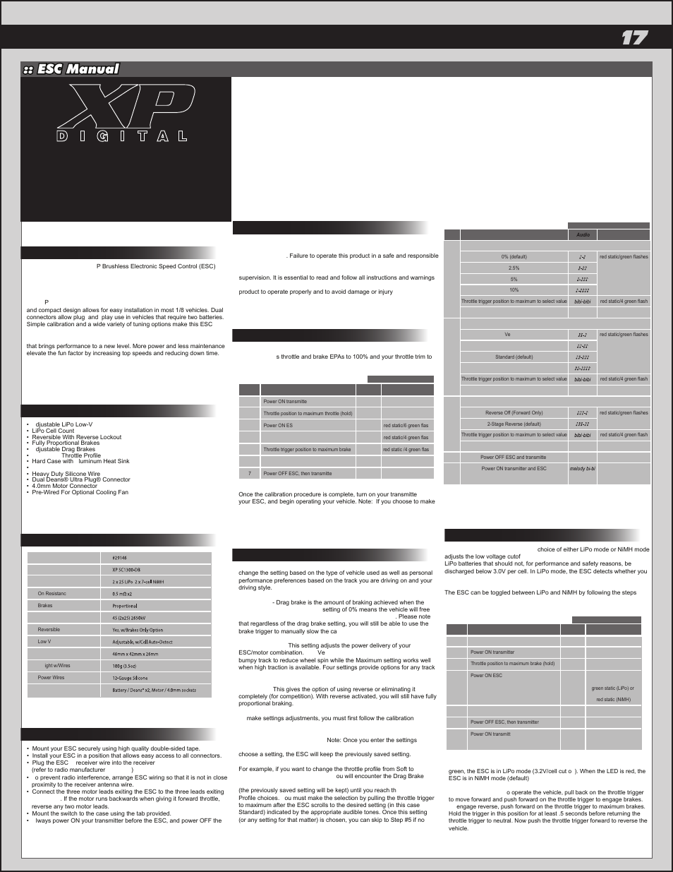 Esc manual, Features, Specifications | Installation, Safety precautions, Throttle calibration, Introduction, Programmable settings, Battery management system | Team Associated Rival Monster User Manual | Page 17 / 30