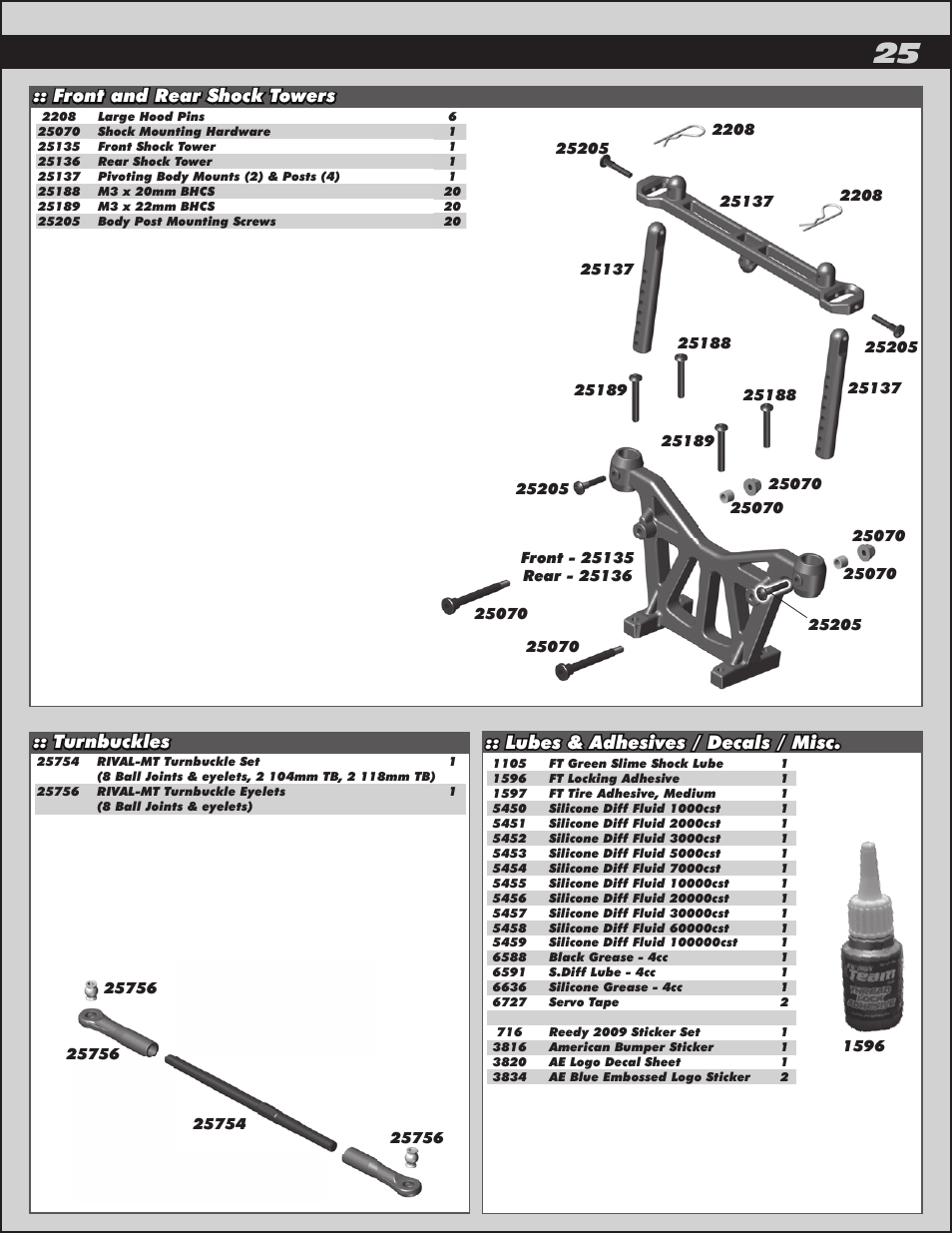 Turnbuckles :: front and rear shock towers, Lubes & adhesives / decals / misc | Team Associated Rival Monster User Manual | Page 25 / 30