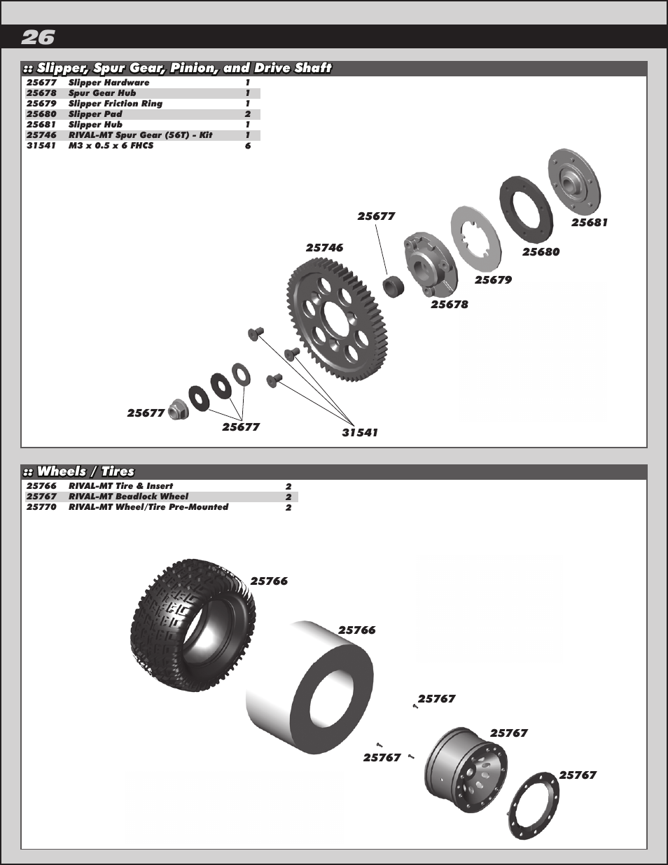 Wheels / tires, Slipper, spur gear, pinion, and drive shaft | Team Associated Rival Monster User Manual | Page 26 / 30