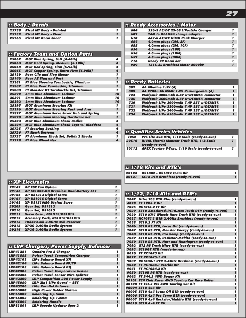 Lrp chargers, power supply, balancer, Body / decals :: factory team and option parts, Reedy batteries | Xp electronics :: qualifier series vehicles, Reedy accessories / motor | Team Associated Rival Monster User Manual | Page 27 / 30