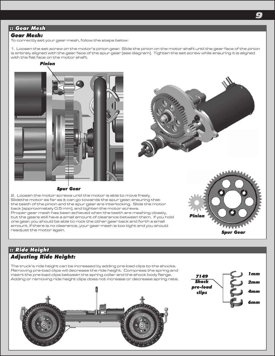 Gear mesh, Gear mesh :: ride height, Adjusting ride height | Team Associated Rival Monster User Manual | Page 9 / 30